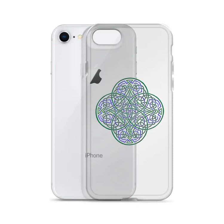 An iPhone 8 behind a Xigfireon clear phone case featuring the Living Colour iteration of the Reach Of The Spirit Celtic knot design. The Reach Of The Spirit Celtic knot design represents Mother Earth.