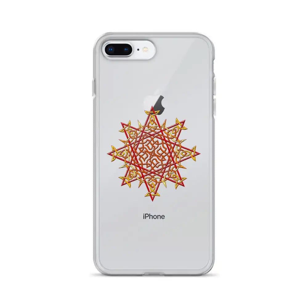 An iPhone 8 Plus in a Xigfireon clear phone case featuring the Fire Colour iteration of the Morning Star Fire Celtic knot design. The Morning Star Fire Celtic knot design represents Father Sun.