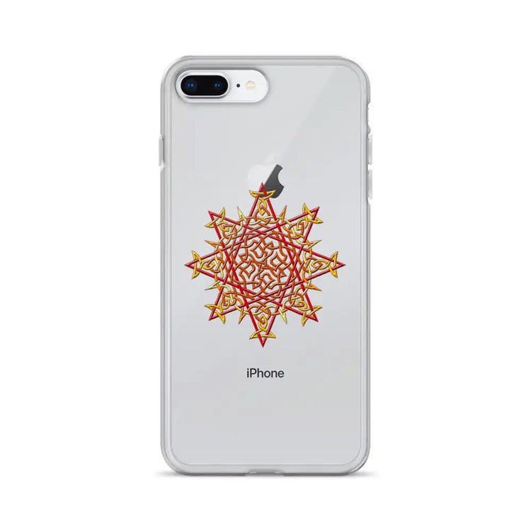 An iPhone 8 Plus in a Xigfireon clear phone case featuring the Fire Colour iteration of the Morning Star Fire Celtic knot design. The Morning Star Fire Celtic knot design represents Father Sun.