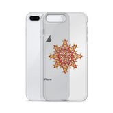An iPhone 8 Plus behind a Xigfireon clear phone case featuring the Fire Colour iteration of the Morning Star Fire Celtic knot design. The Morning Star Fire Celtic knot design represents Father Sun.