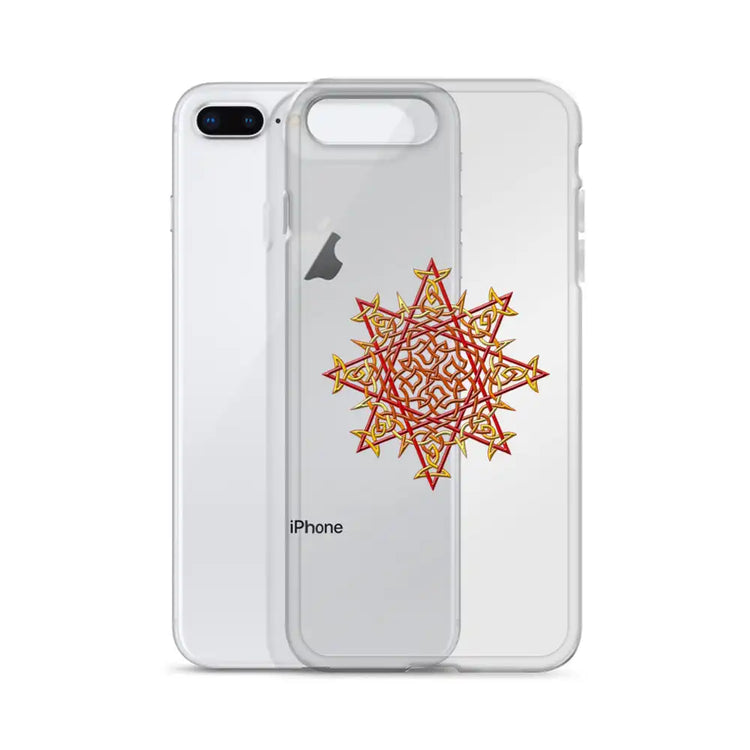 An iPhone 8 Plus behind a Xigfireon clear phone case featuring the Fire Colour iteration of the Morning Star Fire Celtic knot design. The Morning Star Fire Celtic knot design represents Father Sun.