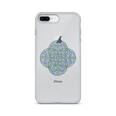 An iPhone 8 Plus in a Xigfireon clear phone case featuring the Living Colour iteration of the Reach Of The Spirit Celtic knot design. The Reach Of The Spirit Celtic knot design represents Mother Earth.