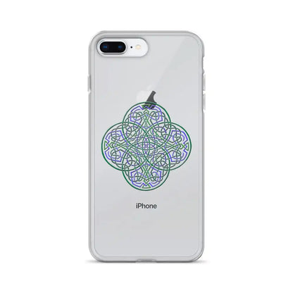An iPhone 8 Plus in a Xigfireon clear phone case featuring the Living Colour iteration of the Reach Of The Spirit Celtic knot design. The Reach Of The Spirit Celtic knot design represents Mother Earth.