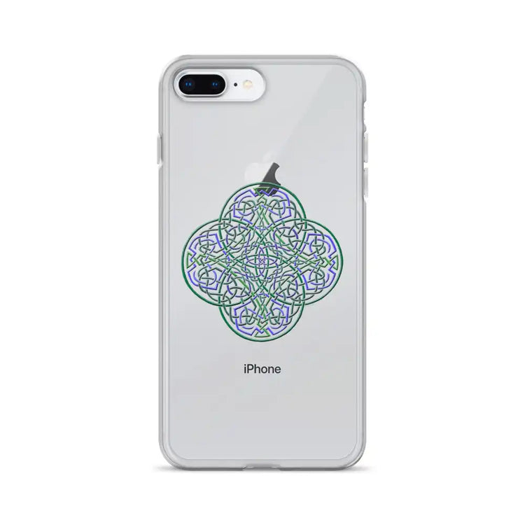 An iPhone 8 Plus in a Xigfireon clear phone case featuring the Living Colour iteration of the Reach Of The Spirit Celtic knot design. The Reach Of The Spirit Celtic knot design represents Mother Earth.