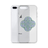 An iPhone 8 Plus behind a Xigfireon clear phone case featuring the Living Colour iteration of the Reach Of The Spirit Celtic knot design. The Reach Of The Spirit Celtic knot design represents Mother Earth.