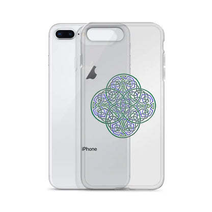 An iPhone 8 Plus behind a Xigfireon clear phone case featuring the Living Colour iteration of the Reach Of The Spirit Celtic knot design. The Reach Of The Spirit Celtic knot design represents Mother Earth.