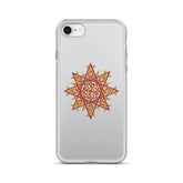 An iPhone SE in a Xigfireon clear phone case featuring the Fire Colour iteration of the Morning Star Fire Celtic knot design. The Morning Star Fire Celtic knot design represents Father Sun.