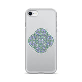 An iPhone SE in a Xigfireon clear phone case featuring the Living Colour iteration of the Reach Of The Spirit Celtic knot design. The Reach Of The Spirit Celtic knot design represents Mother Earth.