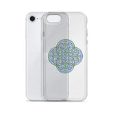 An iPhone SE behind a Xigfireon clear phone case featuring the Living Colour iteration of the Reach Of The Spirit Celtic knot design. The Reach Of The Spirit Celtic knot design represents Mother Earth.