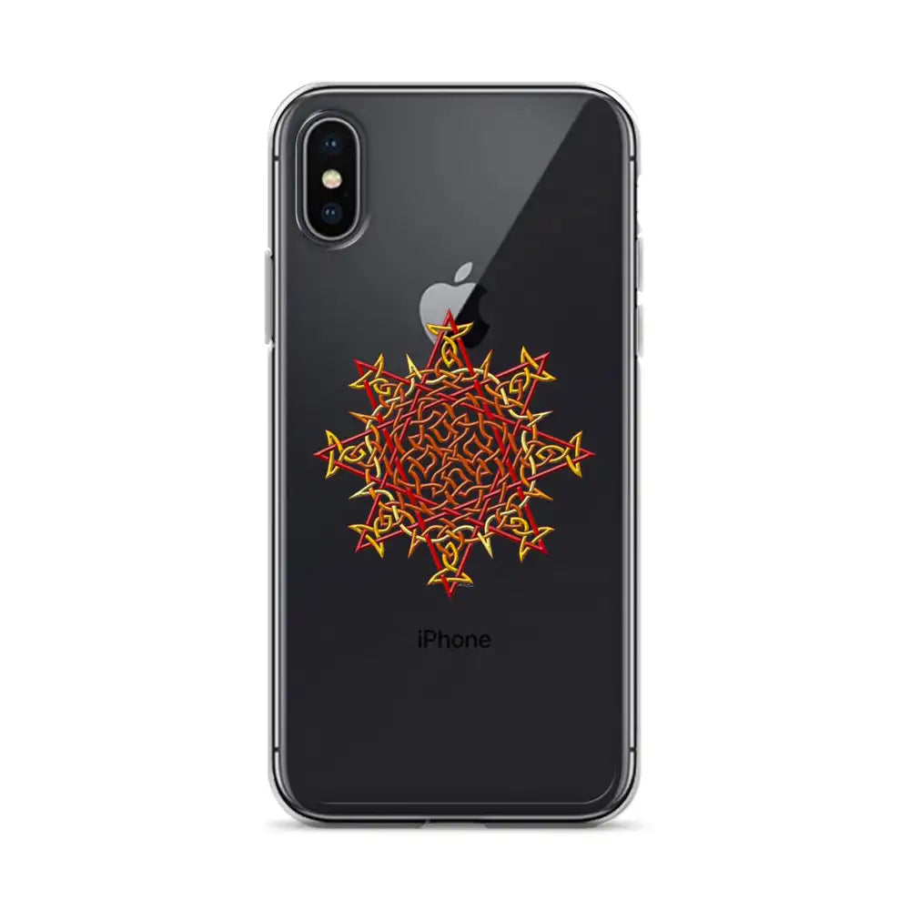 An iPhone X in a Xigfireon clear phone case featuring the Fire Colour iteration of the Morning Star Fire Celtic knot design. The Morning Star Fire Celtic knot design represents Father Sun.