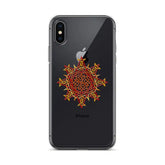 An iPhone X in a Xigfireon clear phone case featuring the Fire Colour iteration of the Morning Star Fire Celtic knot design. The Morning Star Fire Celtic knot design represents Father Sun.