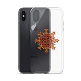 An iPhone X behind a Xigfireon clear phone case featuring the Fire Colour iteration of the Morning Star Fire Celtic knot design. The Morning Star Fire Celtic knot design represents Father Sun.