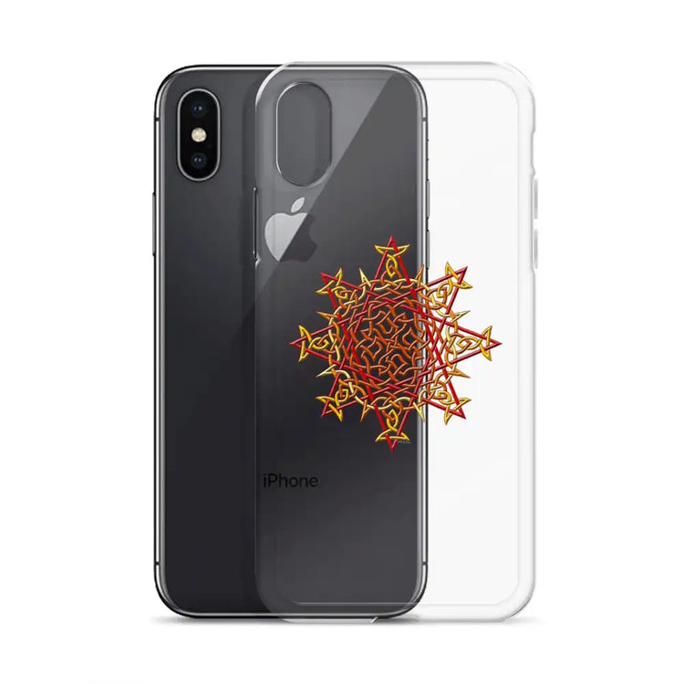 An iPhone X behind a Xigfireon clear phone case featuring the Fire Colour iteration of the Morning Star Fire Celtic knot design. The Morning Star Fire Celtic knot design represents Father Sun.