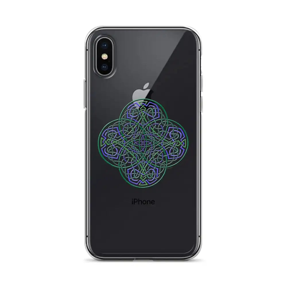 An iPhone X/XS Max in a Xigfireon clear phone case featuring the Living Colour iteration of the Reach Of The Spirit Celtic knot design. The Reach Of The Spirit Celtic knot design represents Mother Earth.