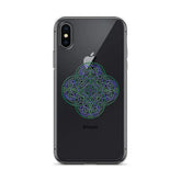 An iPhone X/XS Max in a Xigfireon clear phone case featuring the Living Colour iteration of the Reach Of The Spirit Celtic knot design. The Reach Of The Spirit Celtic knot design represents Mother Earth.