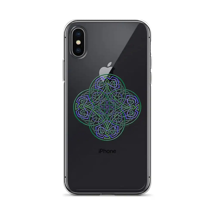 An iPhone X/XS Max in a Xigfireon clear phone case featuring the Living Colour iteration of the Reach Of The Spirit Celtic knot design. The Reach Of The Spirit Celtic knot design represents Mother Earth.