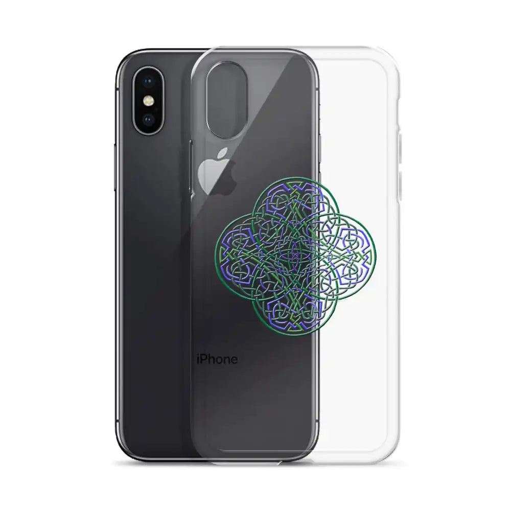 An iPhone X/XS Max behind a Xigfireon clear phone case featuring the Living Colour iteration of the Reach Of The Spirit Celtic knot design. The Reach Of The Spirit Celtic knot design represents Mother Earth.