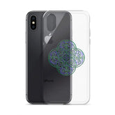 An iPhone X/XS Max behind a Xigfireon clear phone case featuring the Living Colour iteration of the Reach Of The Spirit Celtic knot design. The Reach Of The Spirit Celtic knot design represents Mother Earth.