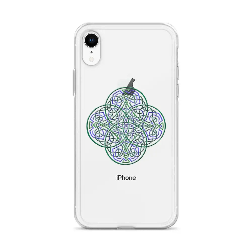 An iPhone XR in a Xigfireon clear phone case featuring the Living Colour iteration of the Reach Of The Spirit Celtic knot design. The Reach Of The Spirit Celtic knot design represents Mother Earth.