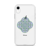 An iPhone XR in a Xigfireon clear phone case featuring the Living Colour iteration of the Reach Of The Spirit Celtic knot design. The Reach Of The Spirit Celtic knot design represents Mother Earth.