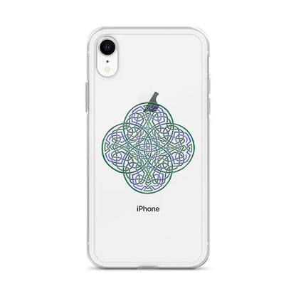 An iPhone XR in a Xigfireon clear phone case featuring the Living Colour iteration of the Reach Of The Spirit Celtic knot design. The Reach Of The Spirit Celtic knot design represents Mother Earth.