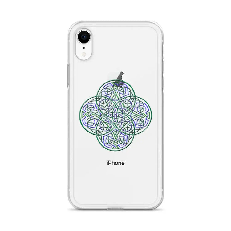 An iPhone XR in a Xigfireon clear phone case featuring the Living Colour iteration of the Reach Of The Spirit Celtic knot design. The Reach Of The Spirit Celtic knot design represents Mother Earth.