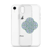 An iPhone XR behind a Xigfireon clear phone case featuring the Living Colour iteration of the Reach Of The Spirit Celtic knot design. The Reach Of The Spirit Celtic knot design represents Mother Earth.