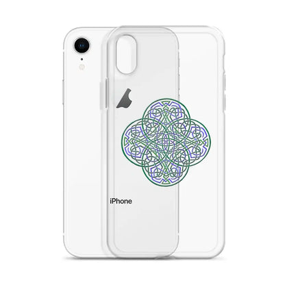An iPhone XR behind a Xigfireon clear phone case featuring the Living Colour iteration of the Reach Of The Spirit Celtic knot design. The Reach Of The Spirit Celtic knot design represents Mother Earth.