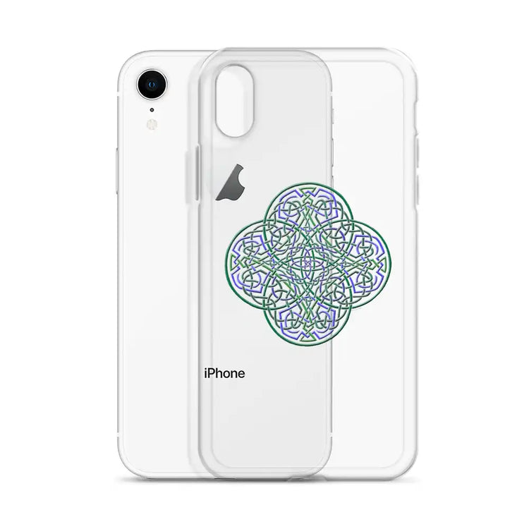 An iPhone XR behind a Xigfireon clear phone case featuring the Living Colour iteration of the Reach Of The Spirit Celtic knot design. The Reach Of The Spirit Celtic knot design represents Mother Earth.
