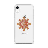 An iPhone XR in a Xigfireon clear phone case featuring the Fire Colour iteration of the Morning Star Fire Celtic knot design. The Morning Star Fire Celtic knot design represents Father Sun.