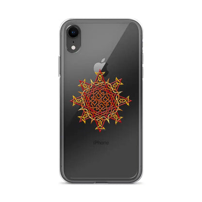 An iPhone XR in a Xigfireon clear phone case featuring the Fire Colour iteration of the Morning Star Fire Celtic knot design. The Morning Star Fire Celtic knot design represents Father Sun.