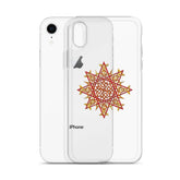 An iPhone XR behind a Xigfireon clear phone case featuring the Fire Colour iteration of the Morning Star Fire Celtic knot design. The Morning Star Fire Celtic knot design represents Father Sun.