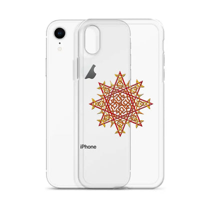 An iPhone XR behind a Xigfireon clear phone case featuring the Fire Colour iteration of the Morning Star Fire Celtic knot design. The Morning Star Fire Celtic knot design represents Father Sun.