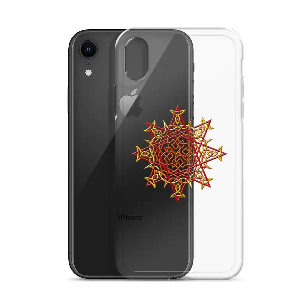 An iPhone XR behind a Xigfireon clear phone case featuring the Fire Colour iteration of the Morning Star Fire Celtic knot design. The Morning Star Fire Celtic knot design represents Father Sun.