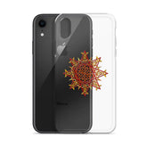 An iPhone XR behind a Xigfireon clear phone case featuring the Fire Colour iteration of the Morning Star Fire Celtic knot design. The Morning Star Fire Celtic knot design represents Father Sun.