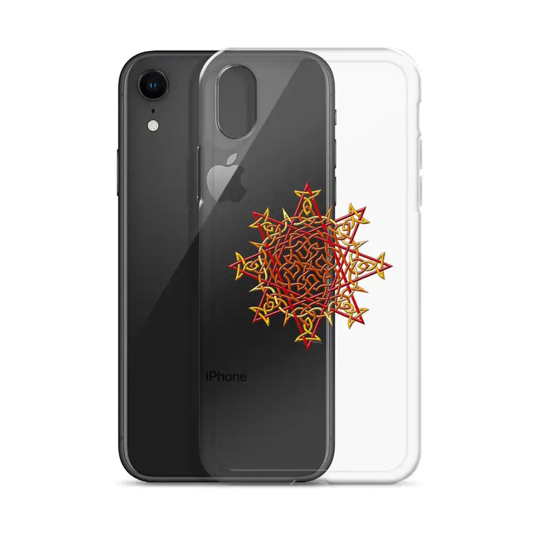 An iPhone XR behind a Xigfireon clear phone case featuring the Fire Colour iteration of the Morning Star Fire Celtic knot design. The Morning Star Fire Celtic knot design represents Father Sun.