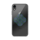 An iPhone XR in a Xigfireon clear phone case featuring the Living Colour iteration of the Reach Of The Spirit Celtic knot design. The Reach Of The Spirit Celtic knot design represents Mother Earth.