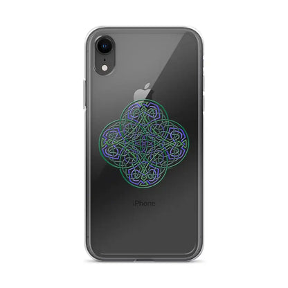 An iPhone XR in a Xigfireon clear phone case featuring the Living Colour iteration of the Reach Of The Spirit Celtic knot design. The Reach Of The Spirit Celtic knot design represents Mother Earth.