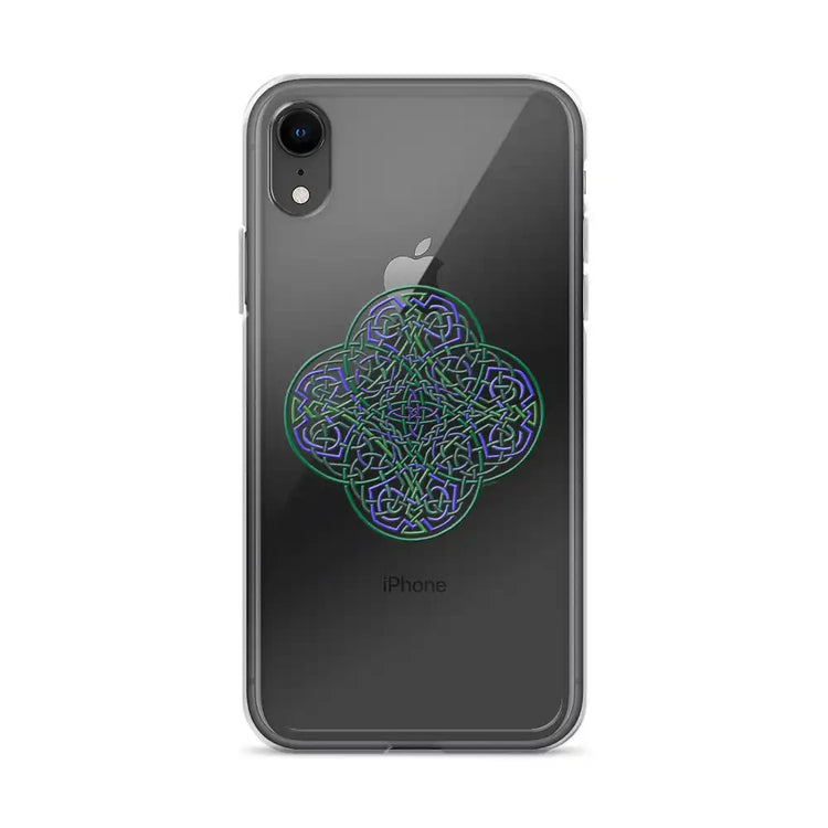 An iPhone XR in a Xigfireon clear phone case featuring the Living Colour iteration of the Reach Of The Spirit Celtic knot design. The Reach Of The Spirit Celtic knot design represents Mother Earth.