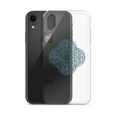 An iPhone XR behind a Xigfireon clear phone case featuring the Living Colour iteration of the Reach Of The Spirit Celtic knot design. The Reach Of The Spirit Celtic knot design represents Mother Earth.