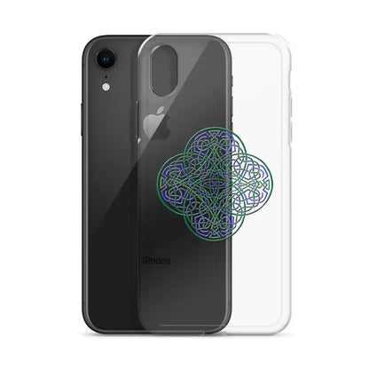 An iPhone XR behind a Xigfireon clear phone case featuring the Living Colour iteration of the Reach Of The Spirit Celtic knot design. The Reach Of The Spirit Celtic knot design represents Mother Earth.