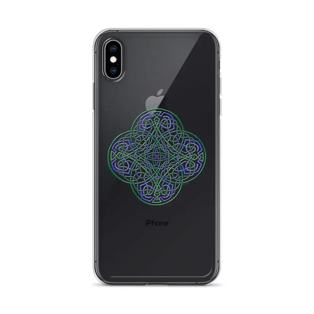 An iPhone XS Max in a Xigfireon clear phone case featuring the Living Colour iteration of the Reach Of The Spirit Celtic knot design. The Reach Of The Spirit Celtic knot design represents Mother Earth.