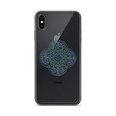 An iPhone XS Max in a Xigfireon clear phone case featuring the Living Colour iteration of the Reach Of The Spirit Celtic knot design. The Reach Of The Spirit Celtic knot design represents Mother Earth.