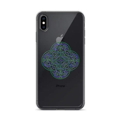 An iPhone XS Max in a Xigfireon clear phone case featuring the Living Colour iteration of the Reach Of The Spirit Celtic knot design. The Reach Of The Spirit Celtic knot design represents Mother Earth.