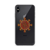 An iPhone XS Max in a Xigfireon clear phone case featuring the Fire Colour iteration of the Morning Star Fire Celtic knot design. The Morning Star Fire Celtic knot design represents Father Sun.