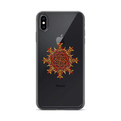 An iPhone XS Max in a Xigfireon clear phone case featuring the Fire Colour iteration of the Morning Star Fire Celtic knot design. The Morning Star Fire Celtic knot design represents Father Sun.