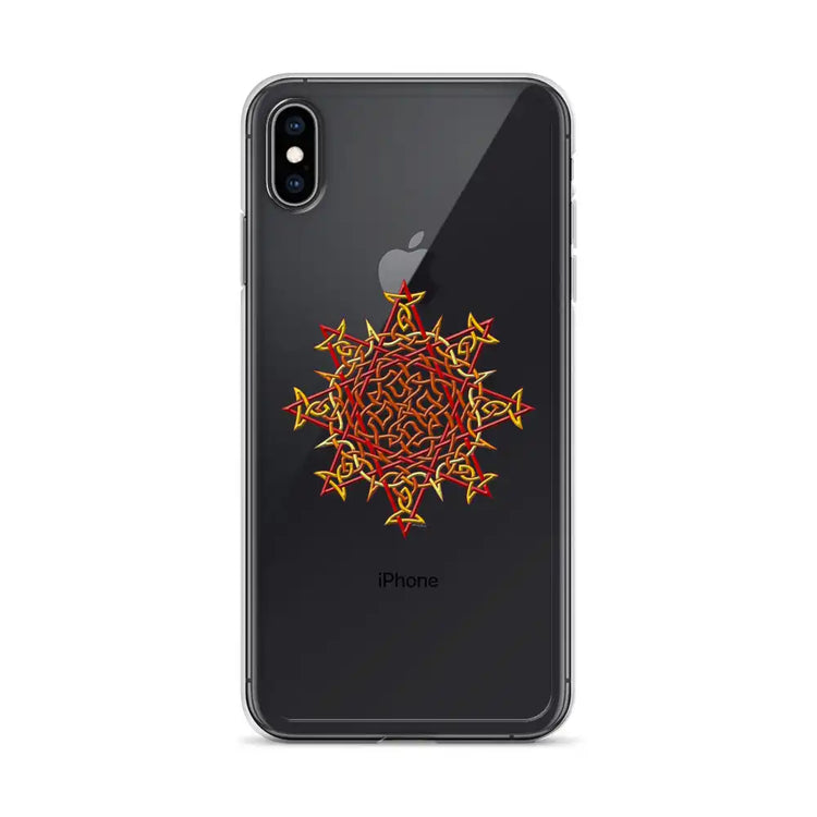 An iPhone XS Max in a Xigfireon clear phone case featuring the Fire Colour iteration of the Morning Star Fire Celtic knot design. The Morning Star Fire Celtic knot design represents Father Sun.