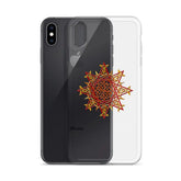 An iPhone XS Max behind a Xigfireon clear phone case featuring the Fire Colour iteration of the Morning Star Fire Celtic knot design. The Morning Star Fire Celtic knot design represents Father Sun.