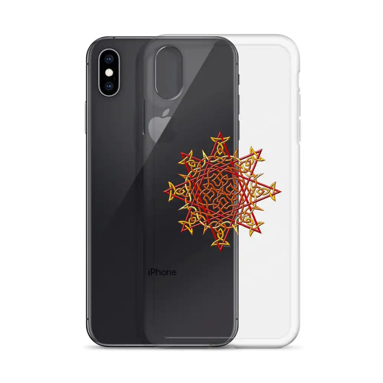 An iPhone XS Max behind a Xigfireon clear phone case featuring the Fire Colour iteration of the Morning Star Fire Celtic knot design. The Morning Star Fire Celtic knot design represents Father Sun.