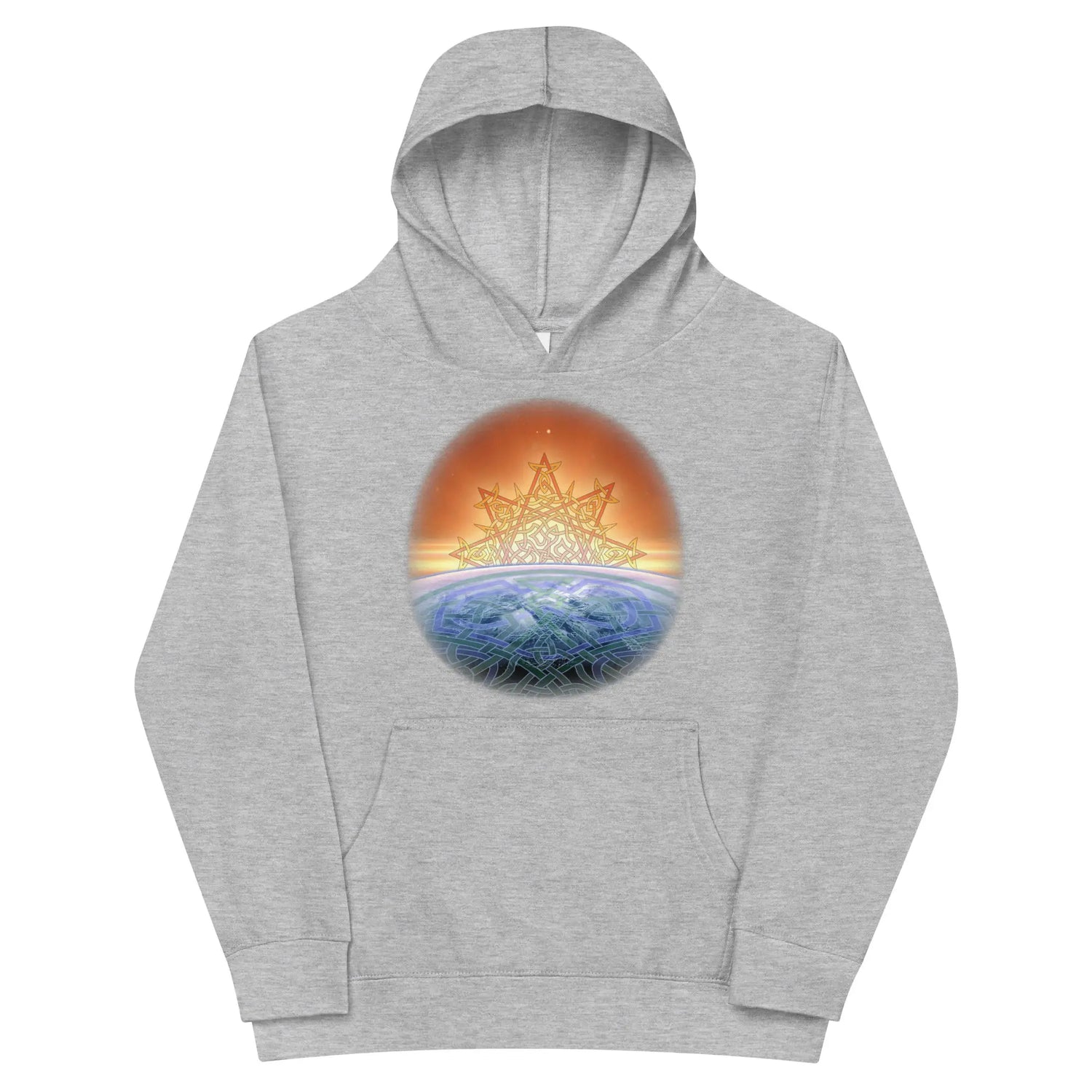 A kids athletic heather graphic hoodie featuring the Derivation II Celtic knots merger design.